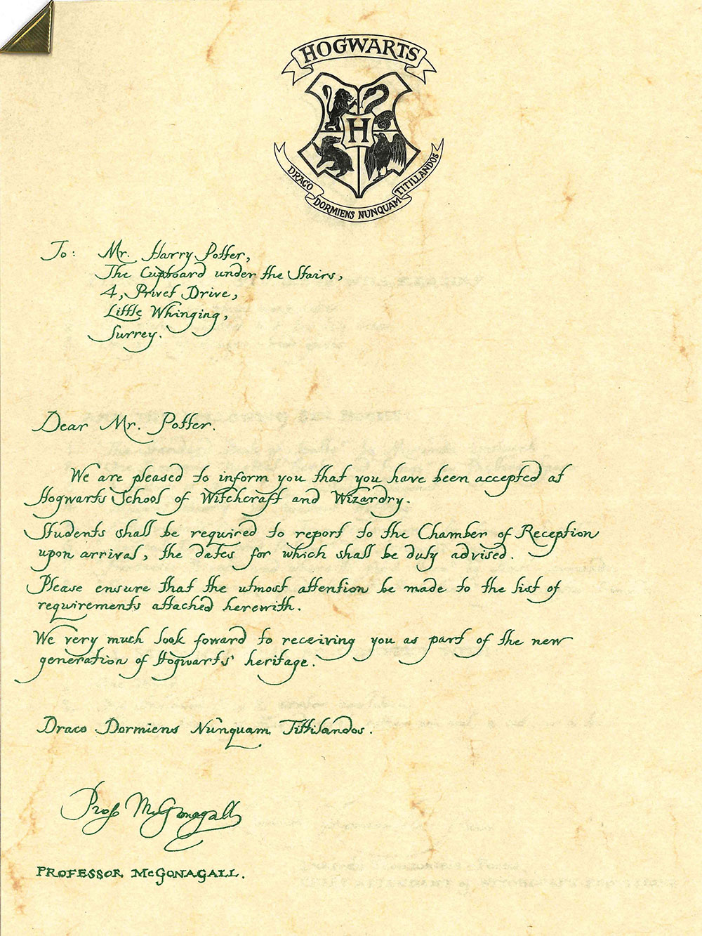 Hogwarts acceptance letter screen-used prop
